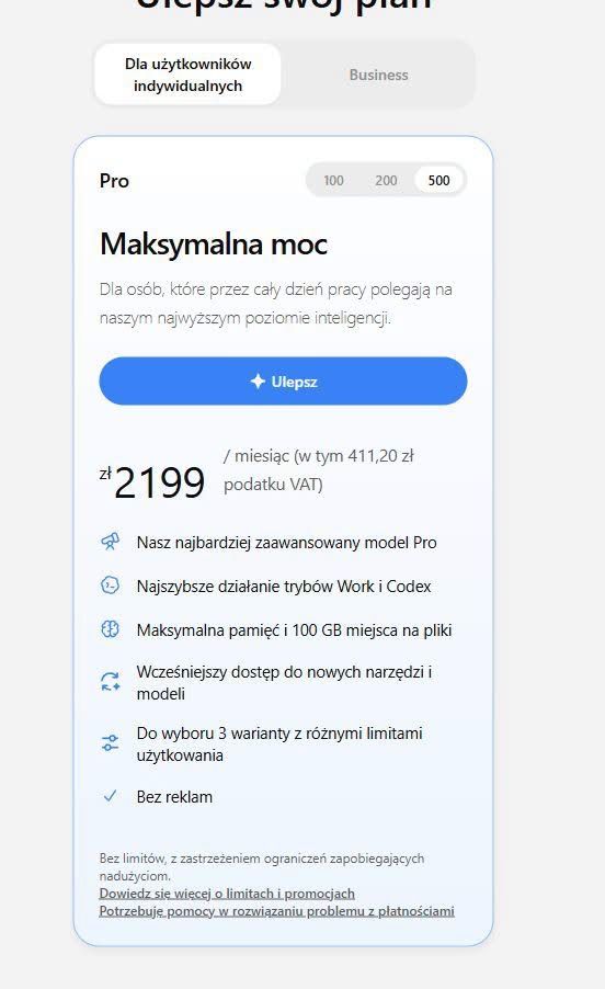 Oferta ChatGPT Pro z wybranym wariantem 500 i ceną 2199 zł miesięcznie, w tym 411,20 zł VAT.