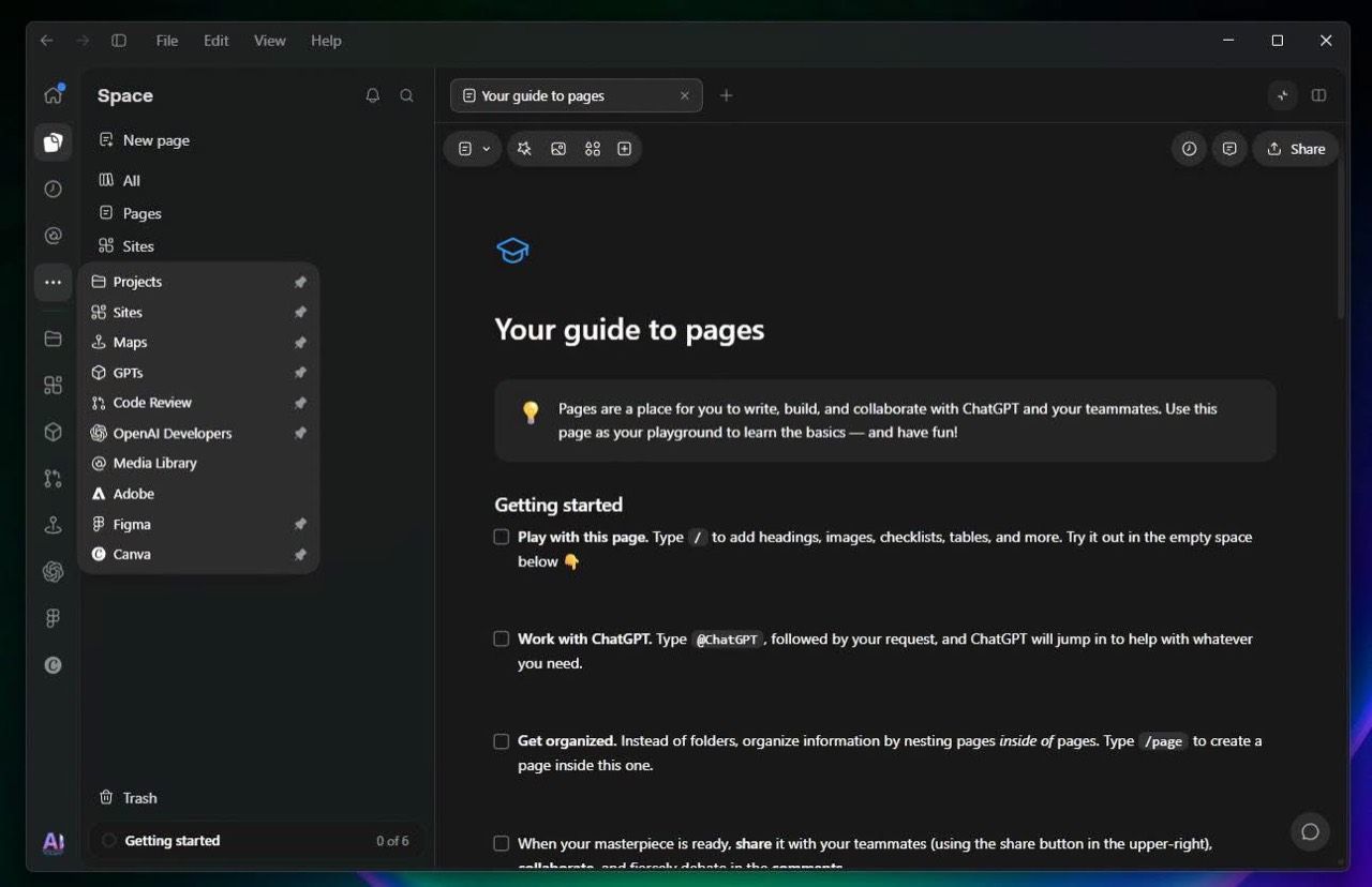 Widok Space w ChatGPT z otwartym dokumentem Your guide to pages i menu narzędzi.