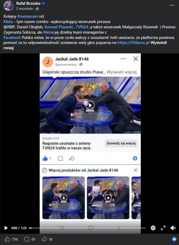 Zrzut wpisu Rafała Brzoski z reklamą oznaczoną jako sponsorowana, powołującą się na TVN24 i pokazującą kadr rozmowy w studiu.