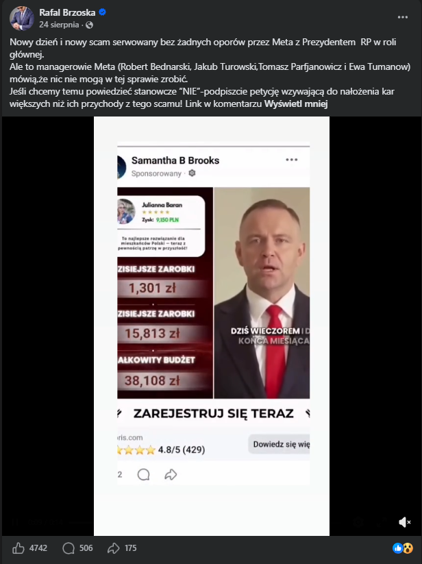 Zrzut wpisu Rafała Brzoski z reklamą pokazującą postać w garniturze, kwoty zarobków i wezwanie do rejestracji.
