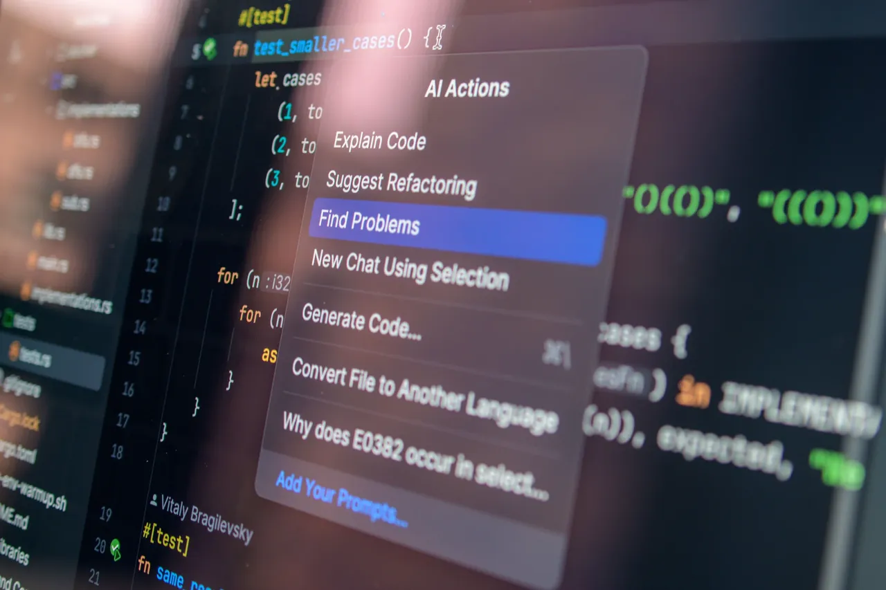 Ekran komputera z kodem i menu podpowiedzi asystenta AI do debugowania